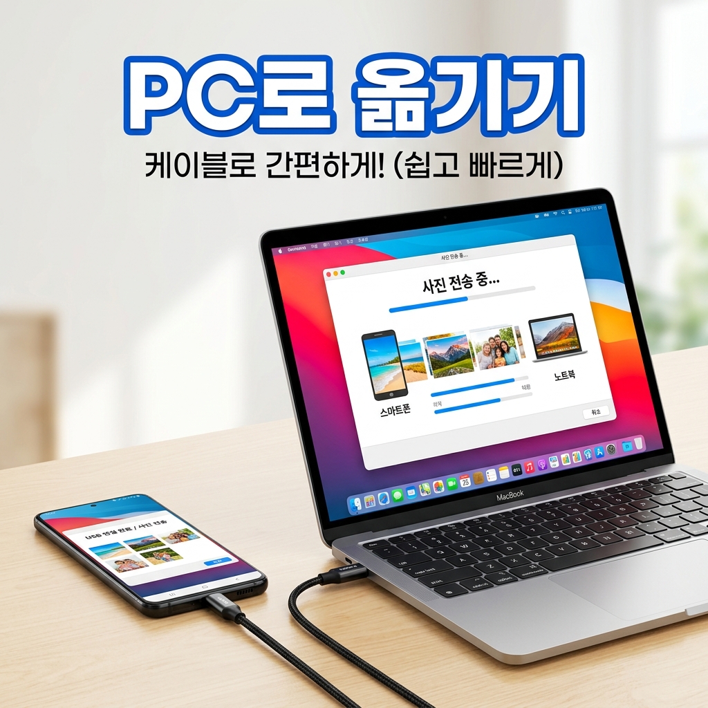 USB 케이블로 스마트폰을 PC에 연결해 사진을 옮기는 화면