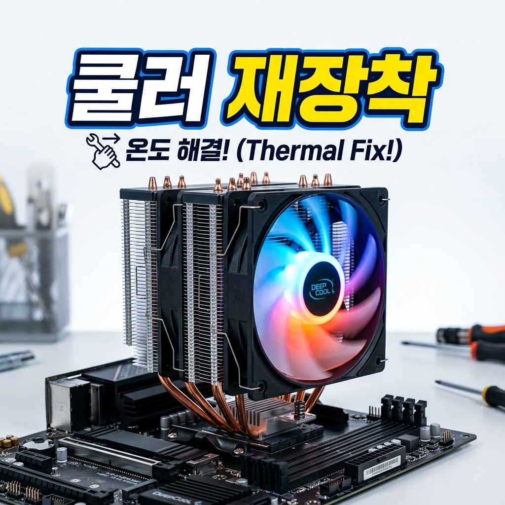 흰 테이블 위에 놓인 서멀구리스 주사기와 극세사 천, 이소프로필 알코올