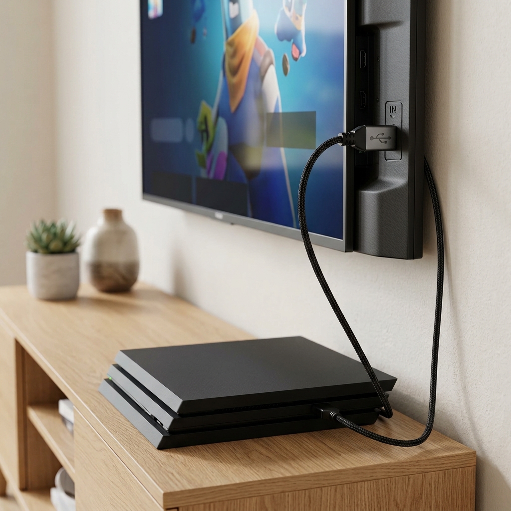 TV 후면의 HDMI 2.1 단자에 게임 콘솔 케이블이 연결된 근접 사진