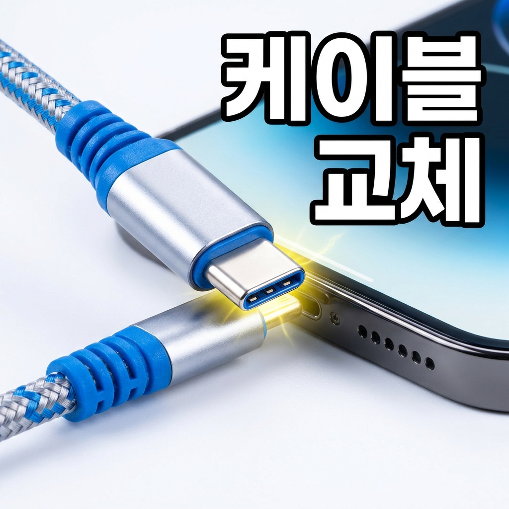책상 위에 놓인 여러 종류의 USB-C 케이블과 충전기