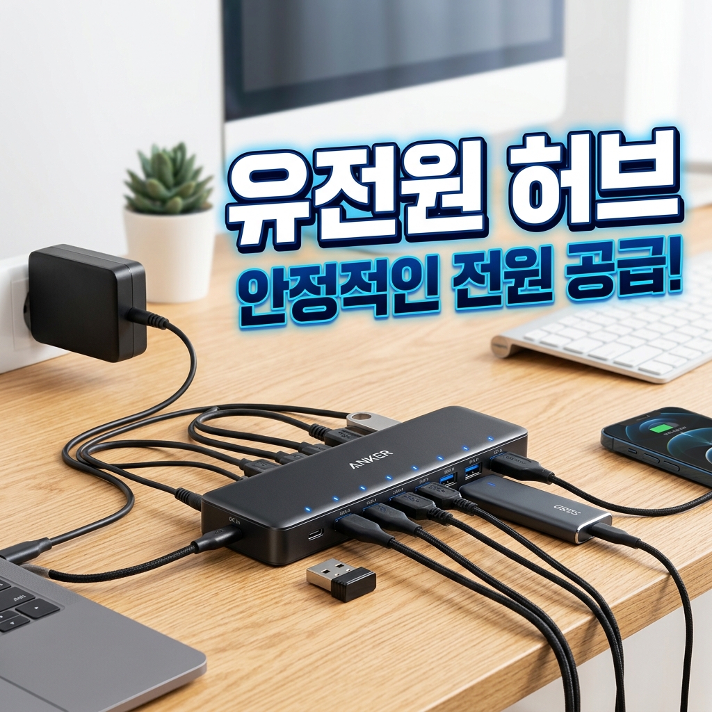 금속 하우징 USB 허브가 책상 위 통풍이 잘 되는 곳에 놓인 모습