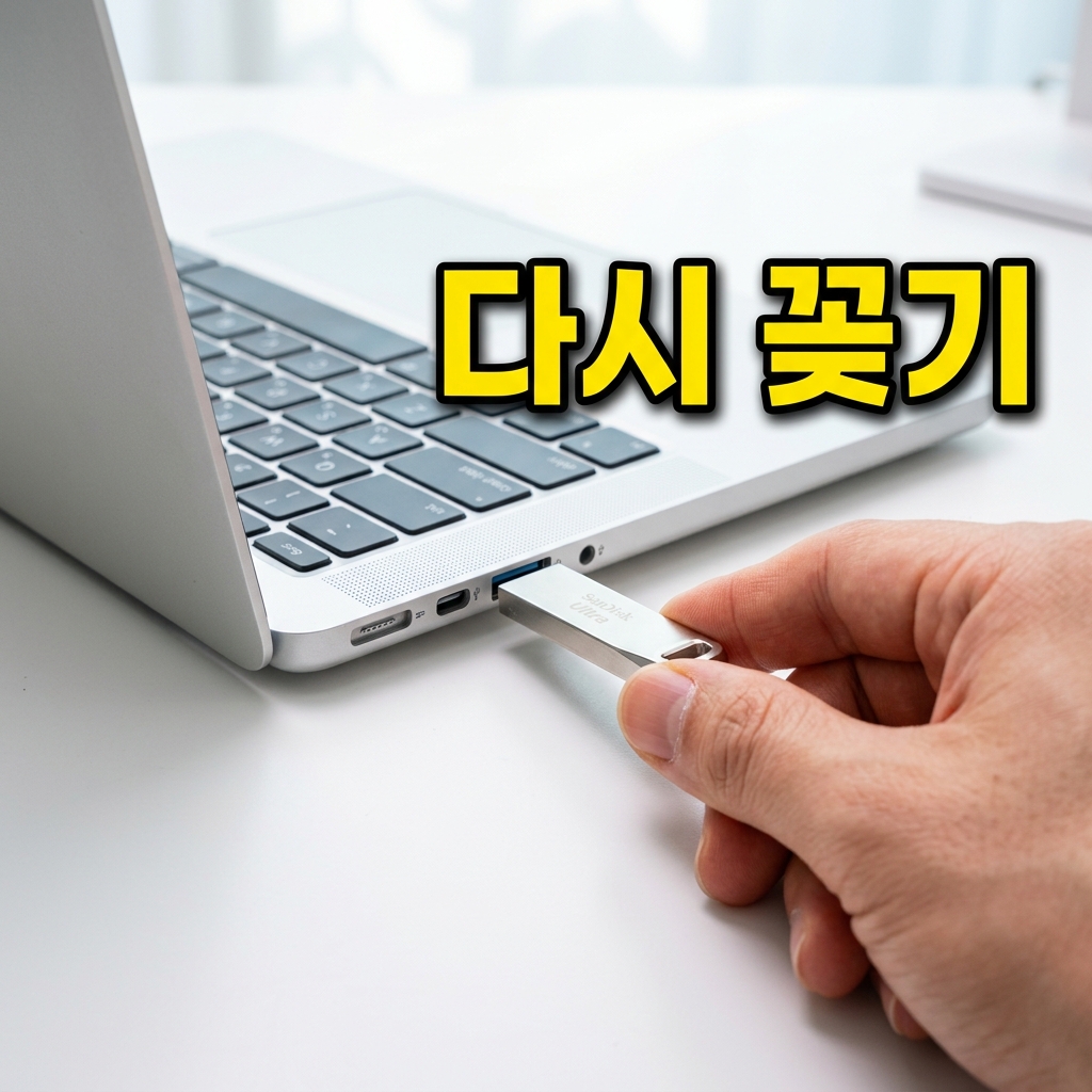 컴퓨터 후면 USB 포트에 장치를 연결하는 모습