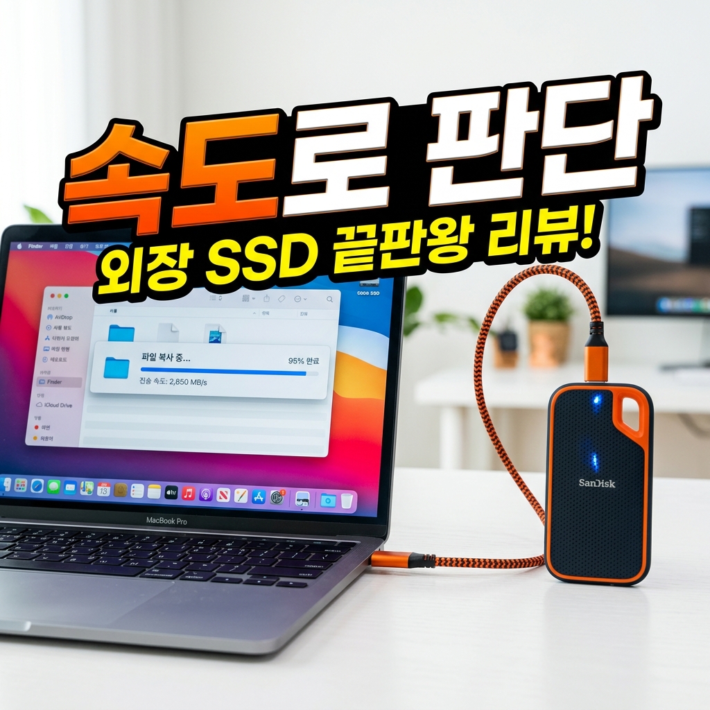 노트북에 USB-C 케이블로 연결된 외장 SSD