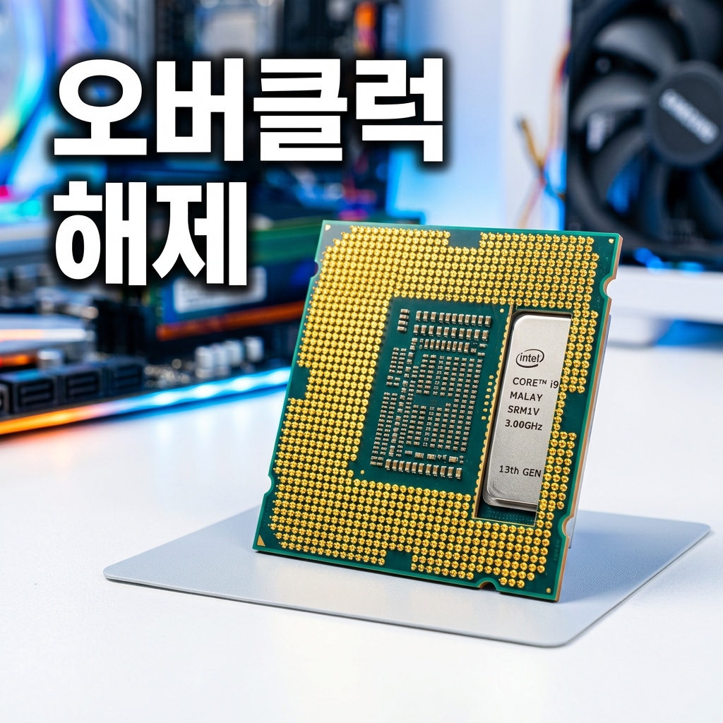 메인보드 BIOS 설정 화면에서 오버클럭과 XMP 프로파일을 정격으로 되돌리는 모습을 상징하는 이미지