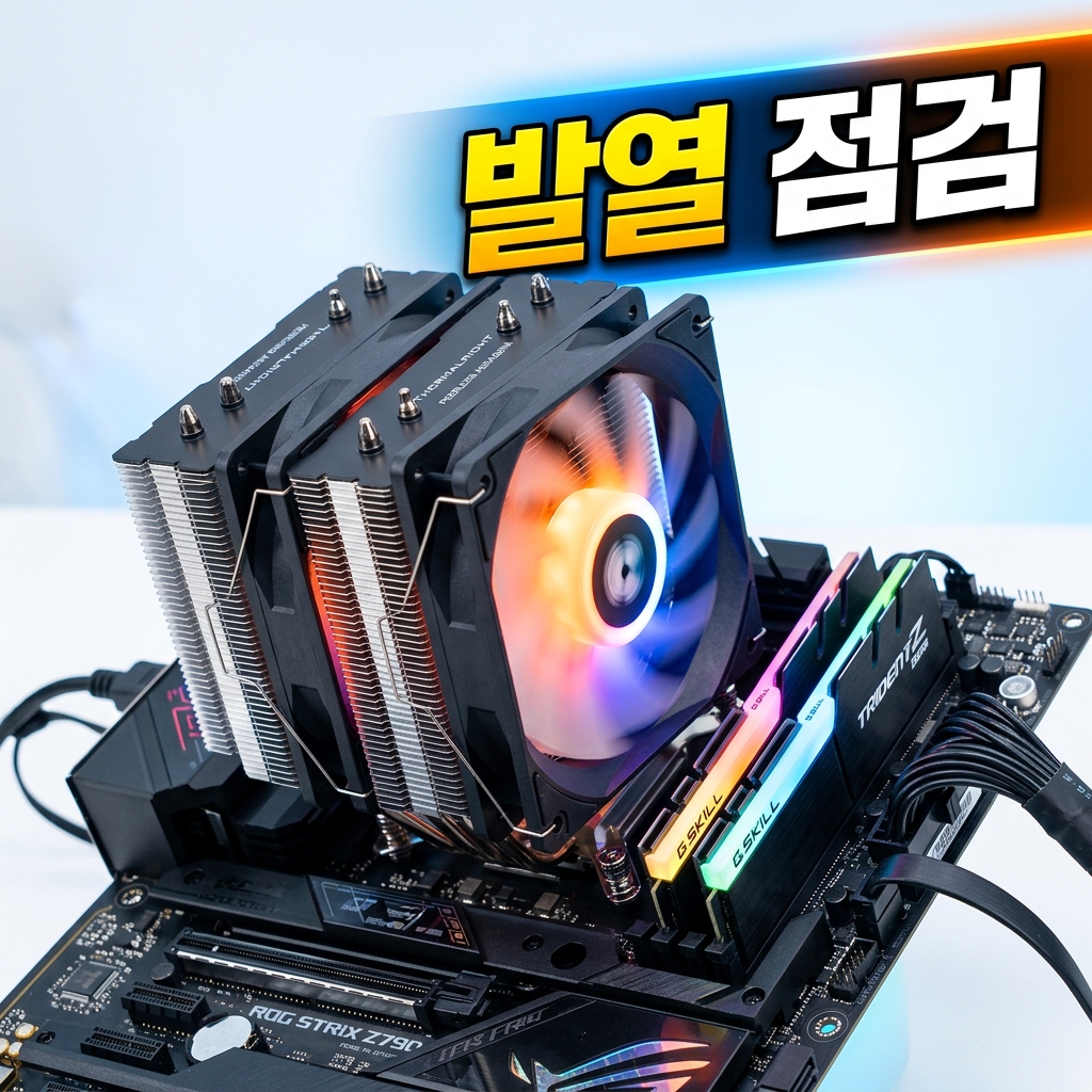 CPU 쿨러와 케이스 팬에 쌓인 먼지를 청소하며 냉각 상태를 점검하는 모습을 상징하는 이미지