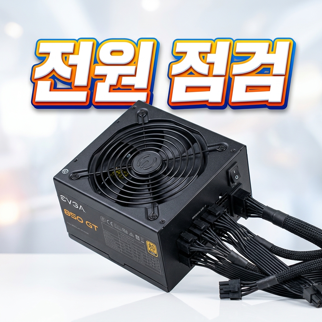 데스크톱 파워 서플라이의 전원 케이블 연결과 그래픽카드 보조 전원을 점검하는 모습을 상징하는 이미지