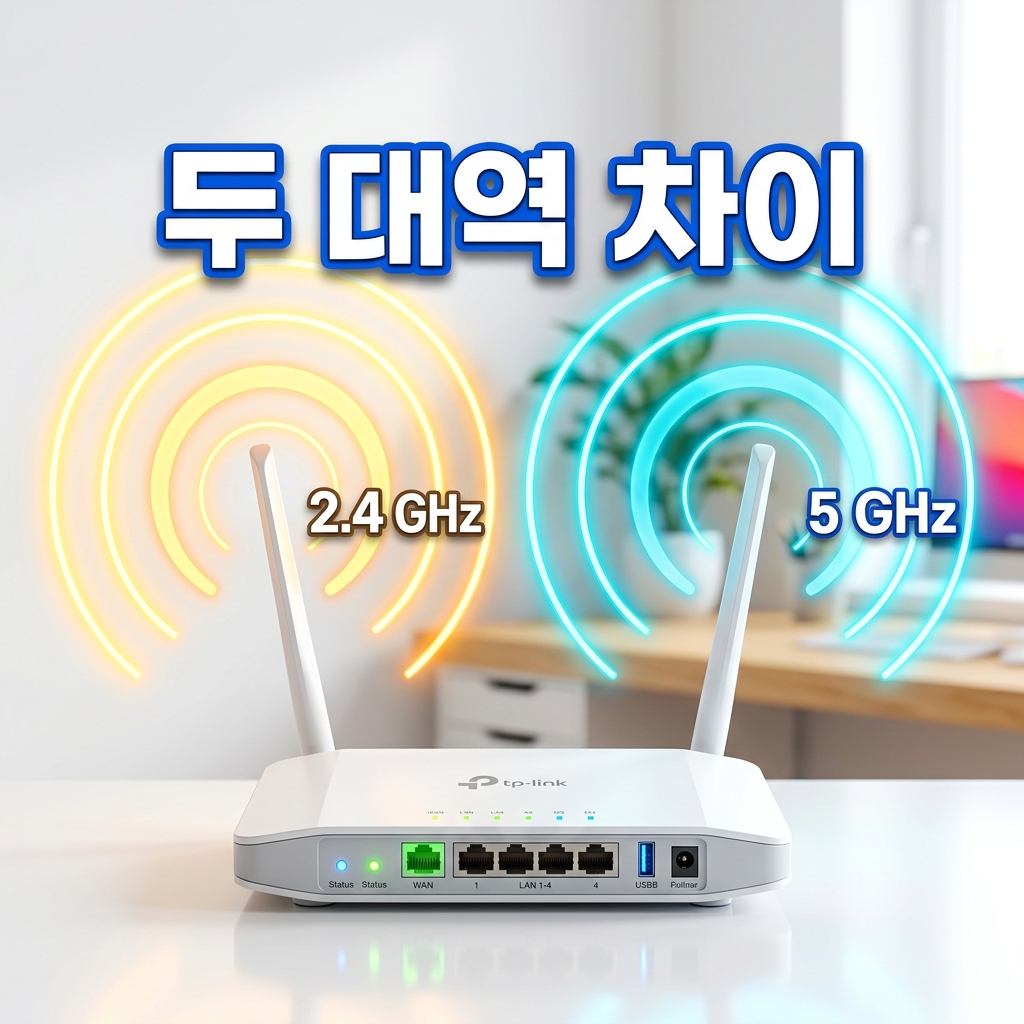 공유기에서 2.4GHz와 5GHz 신호가 각각 다른 거리와 벽 투과 범위로 퍼지는 모습을 나타낸 그림