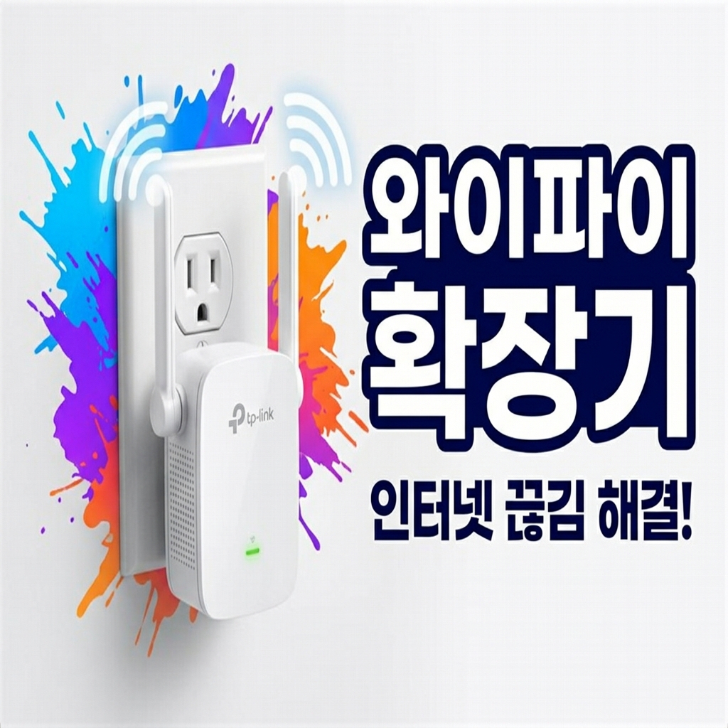 공유기 신호를 확장기가 받아 다시 뿌리면서 속도가 절반으로 줄어드는 구조를 보여주는 그림
