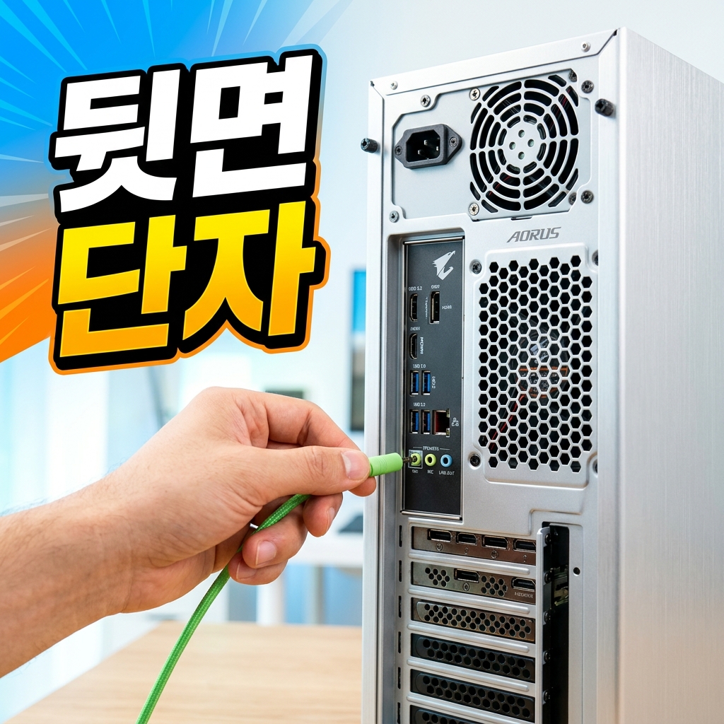 데스크탑 PC 뒷면 그래픽카드의 HDMI 포트에 케이블을 연결하는 모습