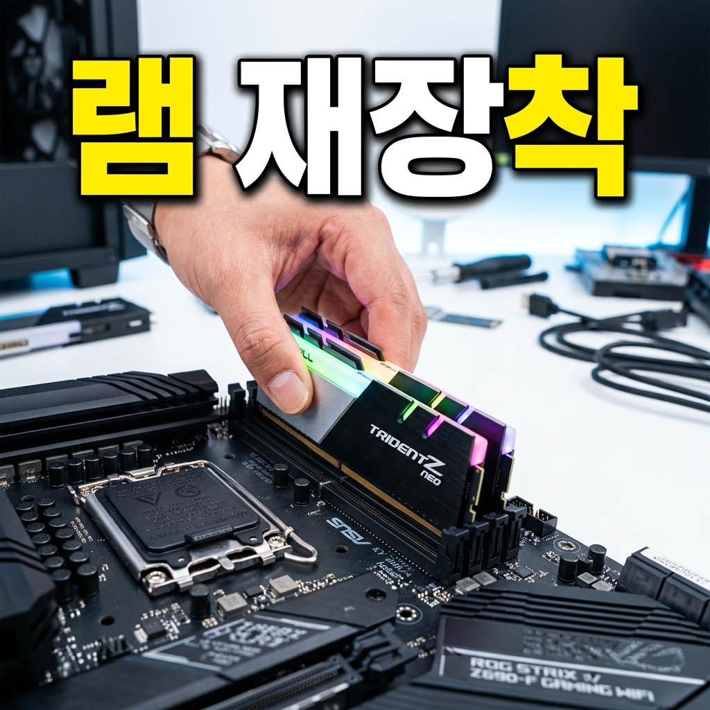 메인보드 램 슬롯에 메모리를 한 개씩 꽂아가며 교차 테스트로 불량 부품을 특정하는 모습