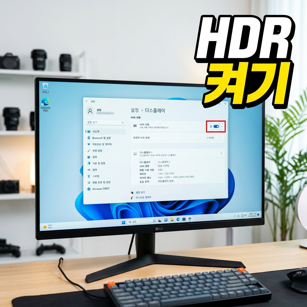 윈도우11 HDR 설정에서 SDR 콘텐츠 밝기 슬라이더를 조절하고 HDR 보정 앱으로 색을 맞추는 화면