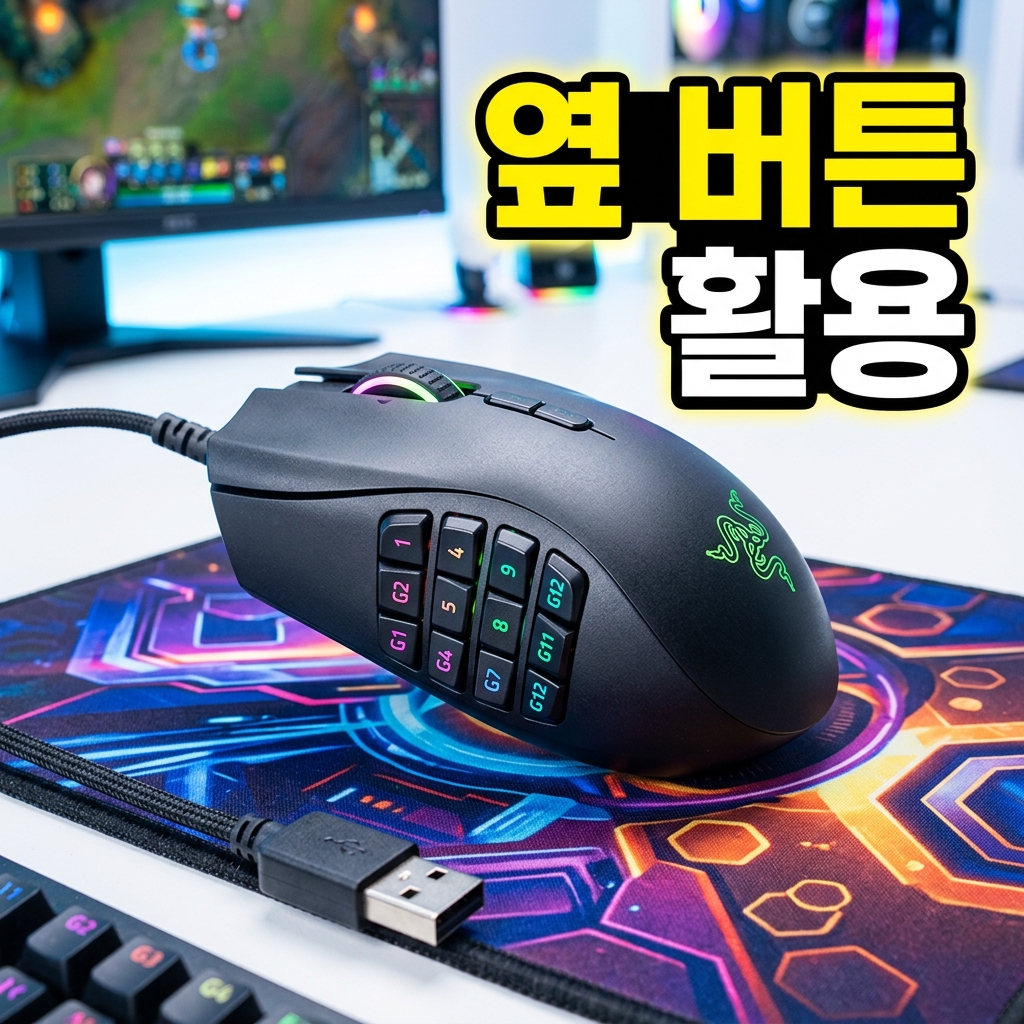 옆 버튼과 DPI 버튼이 있는 마우스를 제조사 소프트웨어로 설정하는 모습