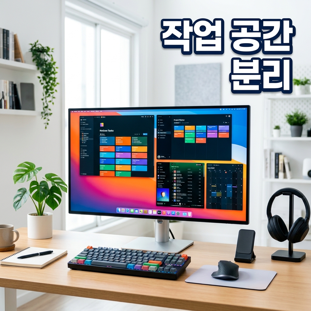 여러 개의 앱 창이 떠 있는 밝은 책상 위 모니터 한 대와 작업 보기 화면