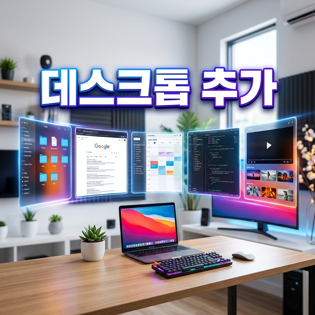 밝은 책상 위에 여러 개의 반투명 화면 패널이 좌우로 나란히 떠 있는 모습