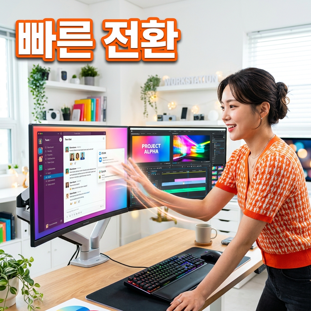 밝은 작업 공간에서 노트북 터치패드에 세 손가락을 올려 화면을 전환하는 손동작